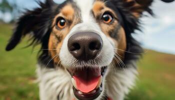 ai generado linda perrito al aire libre, cerca arriba retrato, mirando a cámara generado por ai foto