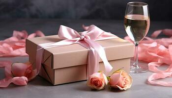 AI generated Romantic celebration with gift box, flower bouquet, and champagne generated by AI photo