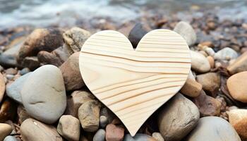 AI generated Love in nature, heart shaped pebble on wood generated by AI photo