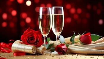 AI generated Romantic celebration with champagne, wine, and love generated by AI photo