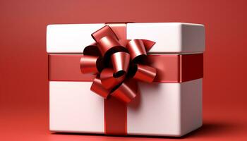 AI generated Shiny gift box with red ribbon and label generated by AI photo