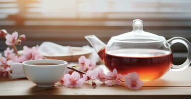 AI generated Hot drink in teapot, wood table, fresh tea generated by AI photo