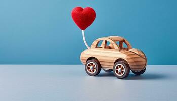 AI generated Blue toy car on wooden background, symbolizing childhood generated by AI photo