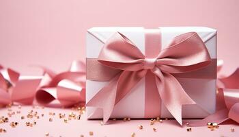 AI generated Birthday gift wrapped in shiny pink wrapping paper generated by AI photo