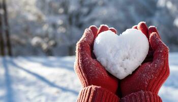 AI generated Winter love, hand holding heart shaped snowflake generated by AI photo