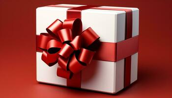 AI generated Shiny gift box wrapped in red wrapping paper generated by AI photo