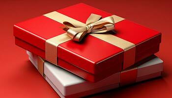 AI generated Birthday gift box wrapped in shiny red paper generated by AI photo