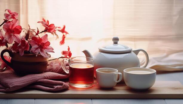 ai generado caliente té en un de madera tetera en mesa generado por ai foto