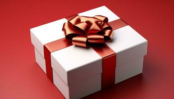 AI generated Birthday gift box wrapped in shiny red paper generated by AI photo