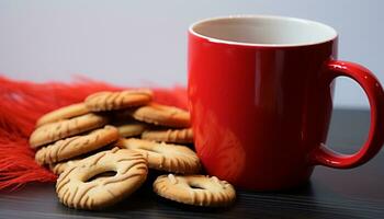 AI generated Homemade shortbread on wood table, coffee cup generated by AI photo