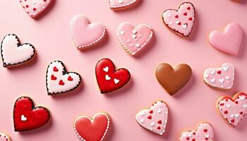AI generated Heart shaped cookies in pink, a sweet celebration generated by AI photo