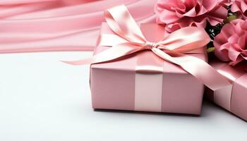 AI generated Birthday gift wrapped in shiny pink wrapping paper generated by AI photo