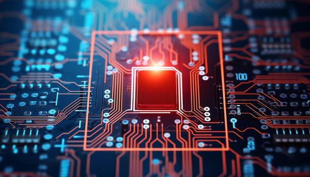 AI generated Computer chip glowing inside of a dark circuit board generated by AI photo
