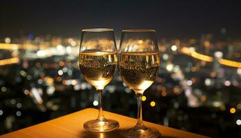 ai generado noche celebracion en paisaje urbano, champán vaso iluminado al aire libre generado por ai foto