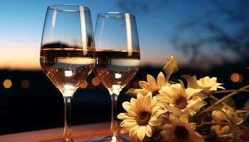 AI generated Romantic sunset, wineglass, champagne, celebration, nature, summer, relaxation generated by AI photo