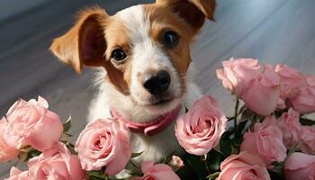 AI generated Cute puppy sitting, looking at camera, surrounded by flowers generated by AI photo