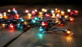 AI generated Glowing Christmas lights illuminate dark winter celebration generated by AI photo