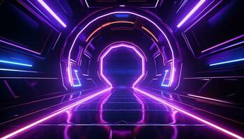 AI generated Futuristic neon architecture glows in dark, vanishing point generated by AI photo