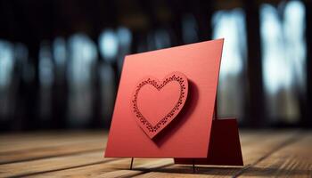 AI generated Romantic love on wooden table, heart shaped decoration generated by AI photo