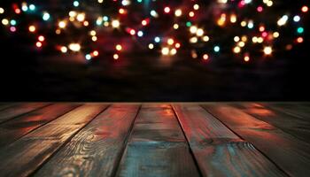 AI generated Wooden table illuminated by bright Christmas lights generated by AI photo
