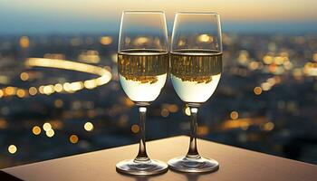 AI generated Romantic night, champagne celebration, cityscape, wineglass, urban skyline generated by AI photo