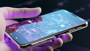 AI generated Hand holding mobile phone, accessing internet for business generated by AI photo