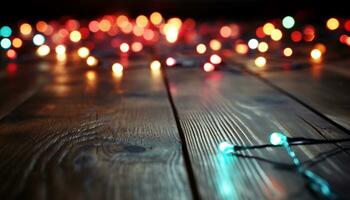 AI generated Wooden table illuminated by candlelight in dark night generated by AI photo