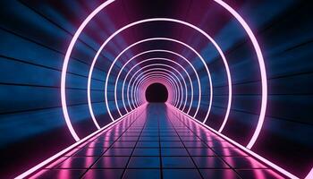 AI generated Futuristic corridor with glowing blue neon lights generated by AI photo