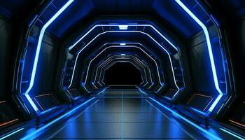 AI generated Bright futuristic corridor with glowing blue computer network generated by AI photo