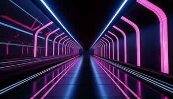 AI generated Futuristic underground corridor illuminated by neon lights generated by AI photo