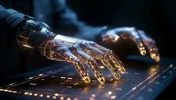 AI generated Futuristic robotic arm holding metal in factory generated by AI photo