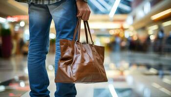 ai generado joven mujer caminando con compras pantalones en el ciudad generado por ai foto