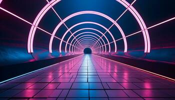 AI generated Futuristic underground corridor, illuminated by glowing neon lights generated by AI photo