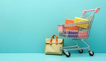 AI generated Multi colored shopping cart with blue packet inside generated by AI photo