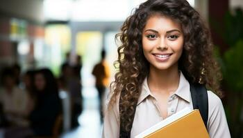 AI generated Smiling woman, cheerful and confident, holding a book generated by AI photo