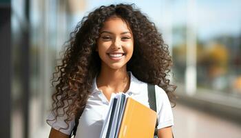 AI generated Smiling woman studying outdoors with confidence and joy generated by AI photo