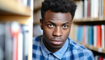 ai generado joven africano americano estudiante estudiando en un biblioteca generado por ai foto