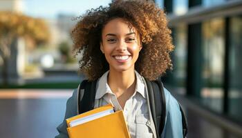 ai generado sonriente mujer, joven adulto, al aire libre, felicidad, alegre, retrato, mujer de negocios, confianza, estudiando, éxito generado por ai foto