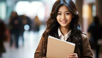 AI generated Smiling businesswoman holding book, looking confident and successful generated by AI photo