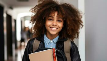 AI generated Smiling schoolgirl holding book, radiating confidence and happiness generated by AI photo