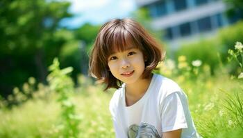 AI generated Smiling child enjoying nature beauty in the meadow generated by AI photo