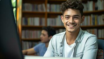 AI generated Smiling schoolboy studying in library, looking at camera generated by AI photo