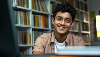 AI generated Smiling schoolboy studying in library with bookshelf generated by AI photo