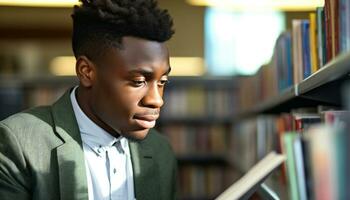 ai generado joven africano americano hombre estudiando en un biblioteca generado por ai foto