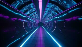 AI generated Futuristic car speeds through illuminated underground subway station generated by AI photo