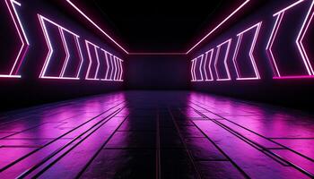 AI generated Futuristic neon corridor, bright blue wall, empty stage generated by AI photo