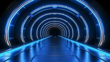 AI generated Futuristic underground corridor, illuminated by glowing blue lights generated by AI photo