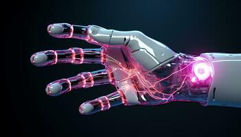 ai generado futurista robótico brazo ilumina humano mano en X rayo generado por ai foto