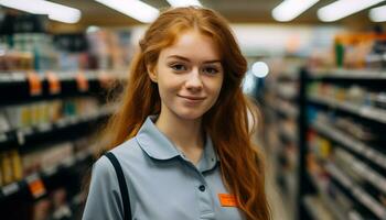 AI generated Smiling young woman shopping for groceries in store generated by AI photo