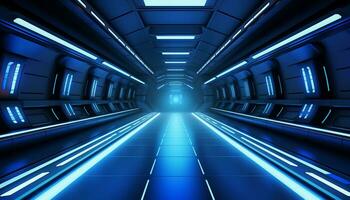 AI generated Futuristic technology in blue corridor, modern data speed generated by AI photo